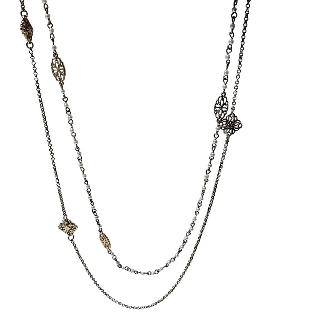 Elegant Classic Filigree Floral Pendants Faux Pearl Multi Strand Necklace Women